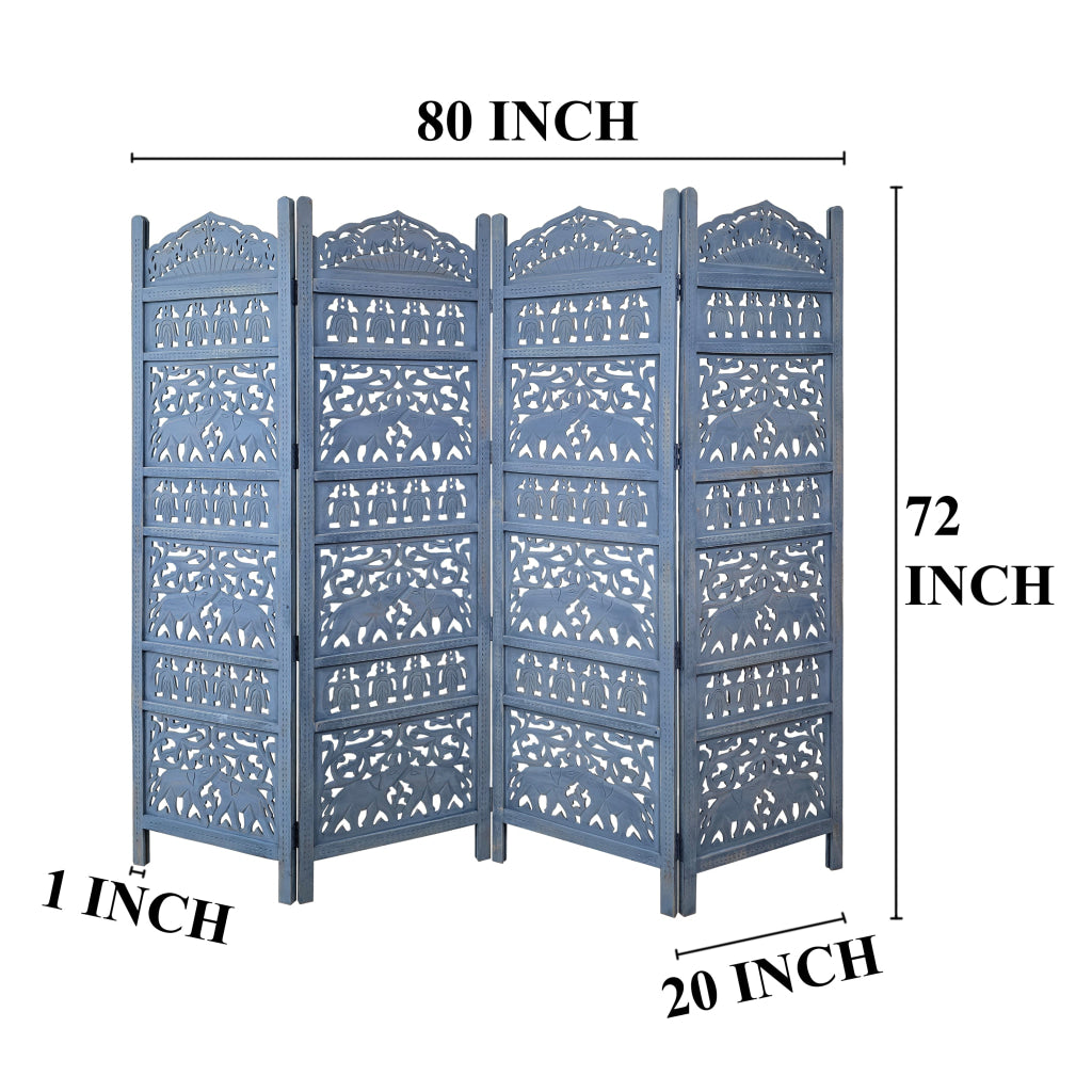 Jumbo 4 Panel Folding Room Divider Screen Antique Blue Mango Wood Elephant Motif Carved Design UPT-310990