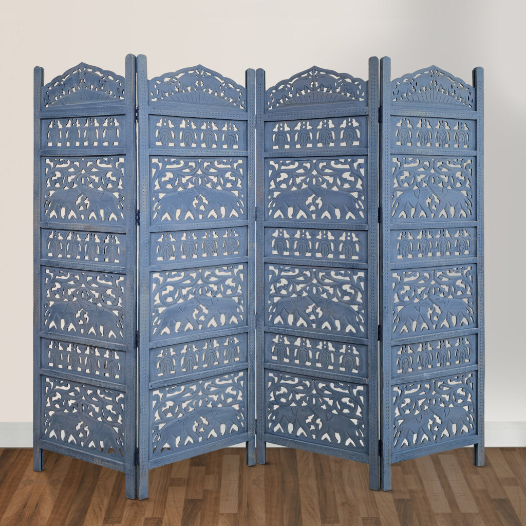 Jumbo 4 Panel Folding Room Divider Screen Antique Blue Mango Wood Elephant Motif Carved Design UPT-310990