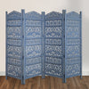 Jumbo 4 Panel Folding Room Divider Screen Antique Blue Mango Wood Elephant Motif Carved Design UPT-310990