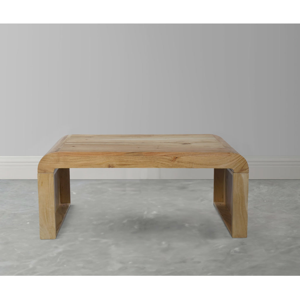 Cascade 36 Inch Coffee Table Handcrafted Natural Acacia Wood Rectangular Curved Waterfall Top By The Urban Port UPT-314336