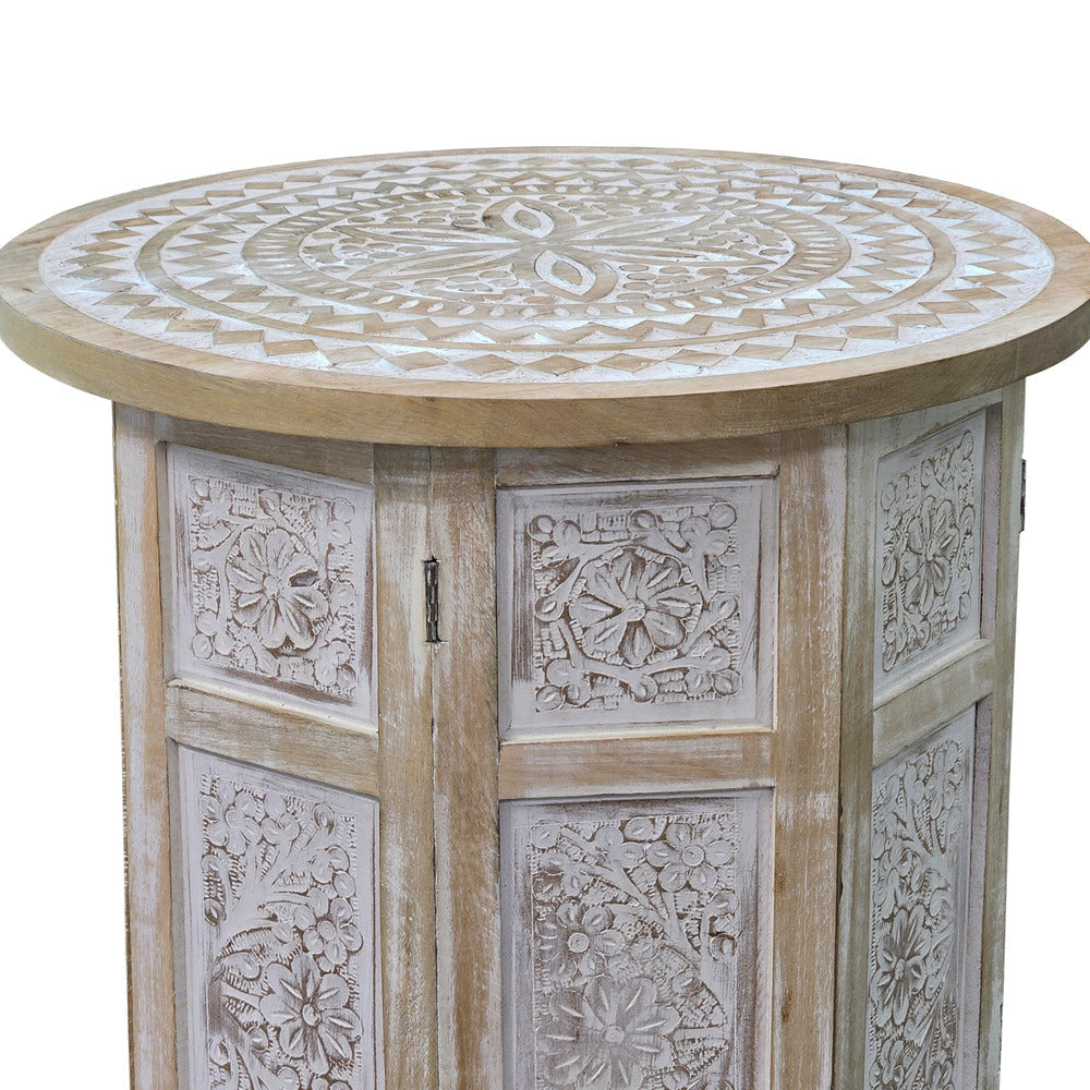 Accent Side Table Mango Wood 18 Inch Round Top Hand Carved Inlay Mandala Design Washed White UPT-315245