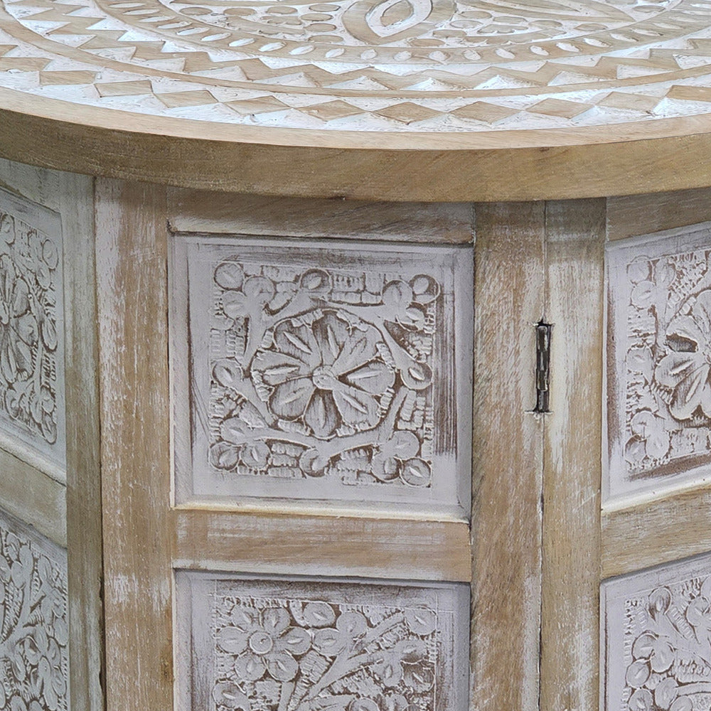 Accent Side Table Mango Wood 18 Inch Round Top Hand Carved Inlay Mandala Design Washed White UPT-315245