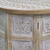 Accent Side Table Mango Wood 18 Inch Round Top Hand Carved Inlay Mandala Design Washed White UPT-315245