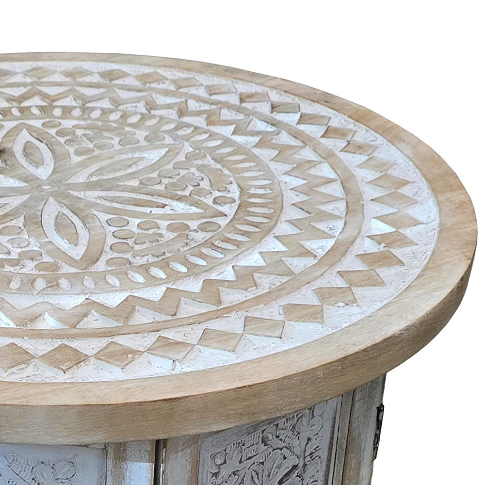 Accent Side Table Mango Wood 18 Inch Round Top Hand Carved Inlay Mandala Design Washed White UPT-315245