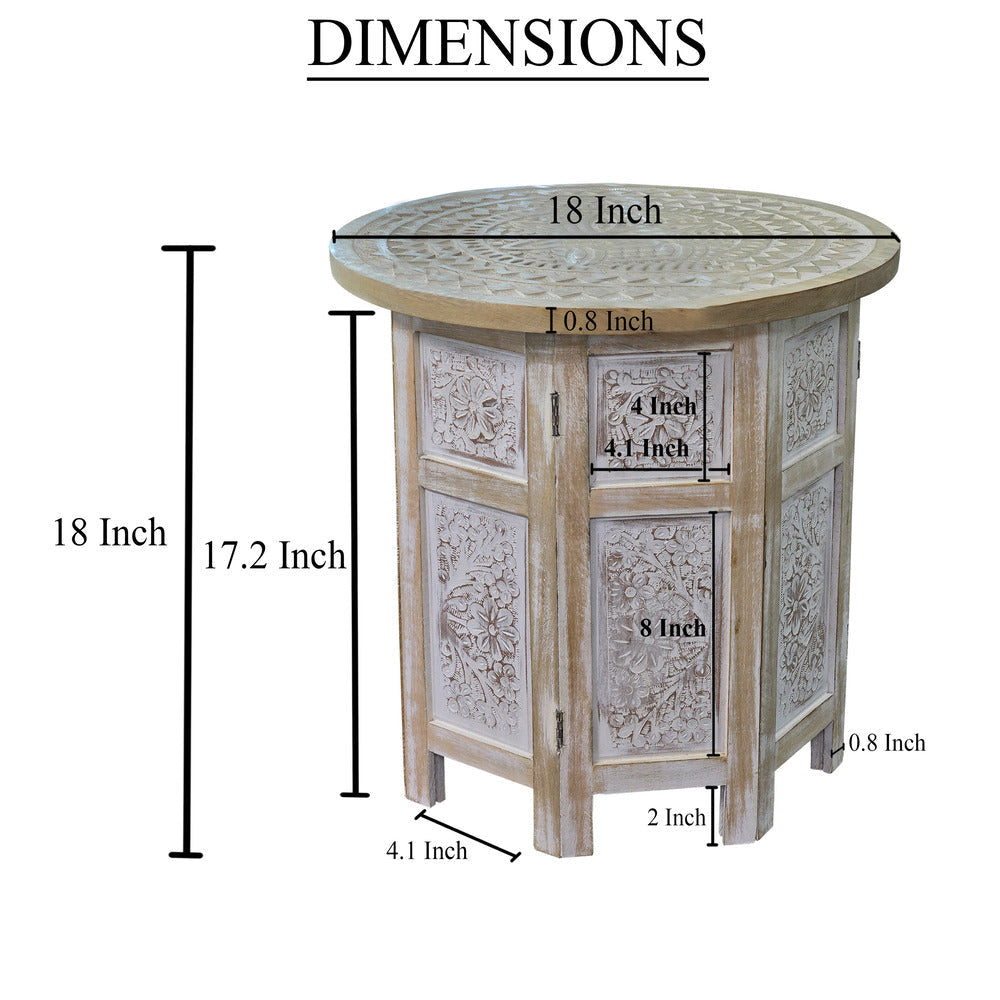 Accent Side Table Mango Wood 18 Inch Round Top Hand Carved Inlay Mandala Design Washed White UPT-315245