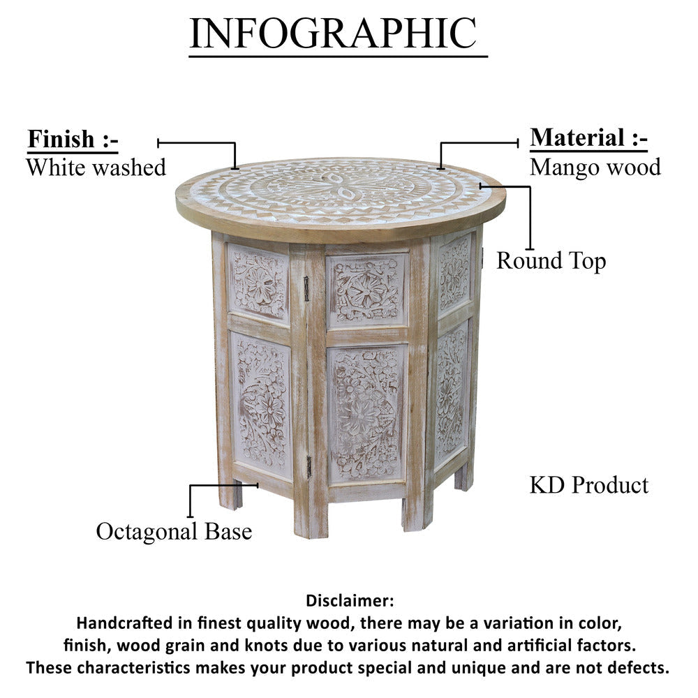 Accent Side Table Mango Wood 18 Inch Round Top Hand Carved Inlay Mandala Design Washed White UPT-315245