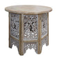 Accent Side Table 24 Inch Round Top Mango Wood Floral Cut Out Carved Motifs Washed White UPT-315246