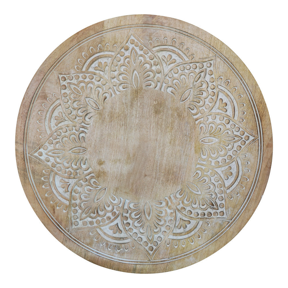 Accent Side Table 24 Inch Round Top Mango Wood Floral Cut Out Carved Motifs Washed White UPT-315246