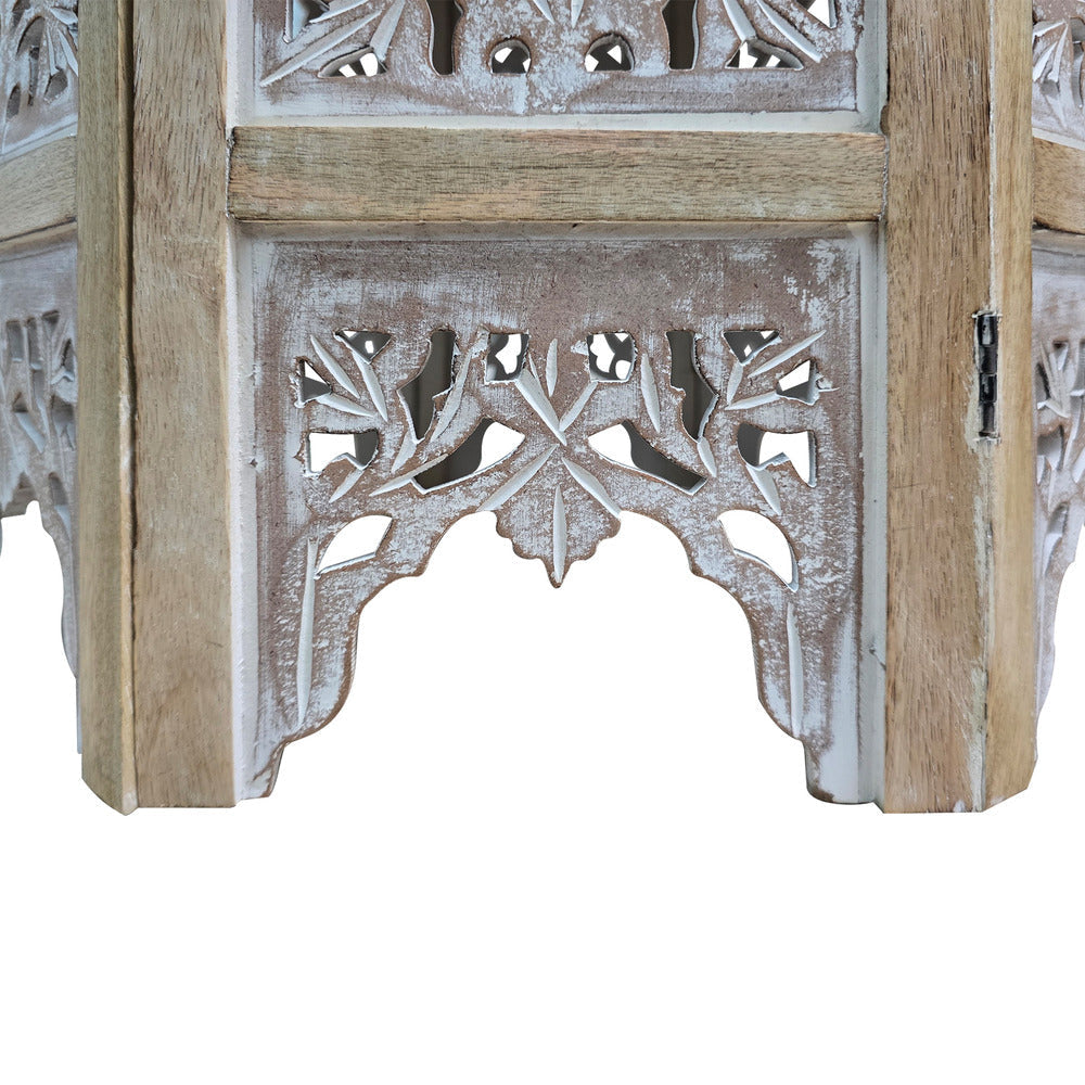 Accent Side Table 24 Inch Round Top Mango Wood Floral Cut Out Carved Motifs Washed White UPT-315246