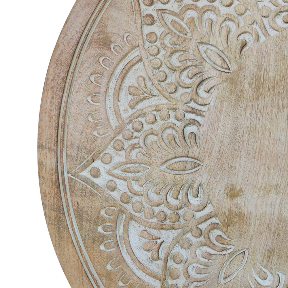 Accent Side Table 24 Inch Round Top Mango Wood Floral Cut Out Carved Motifs Washed White UPT-315246