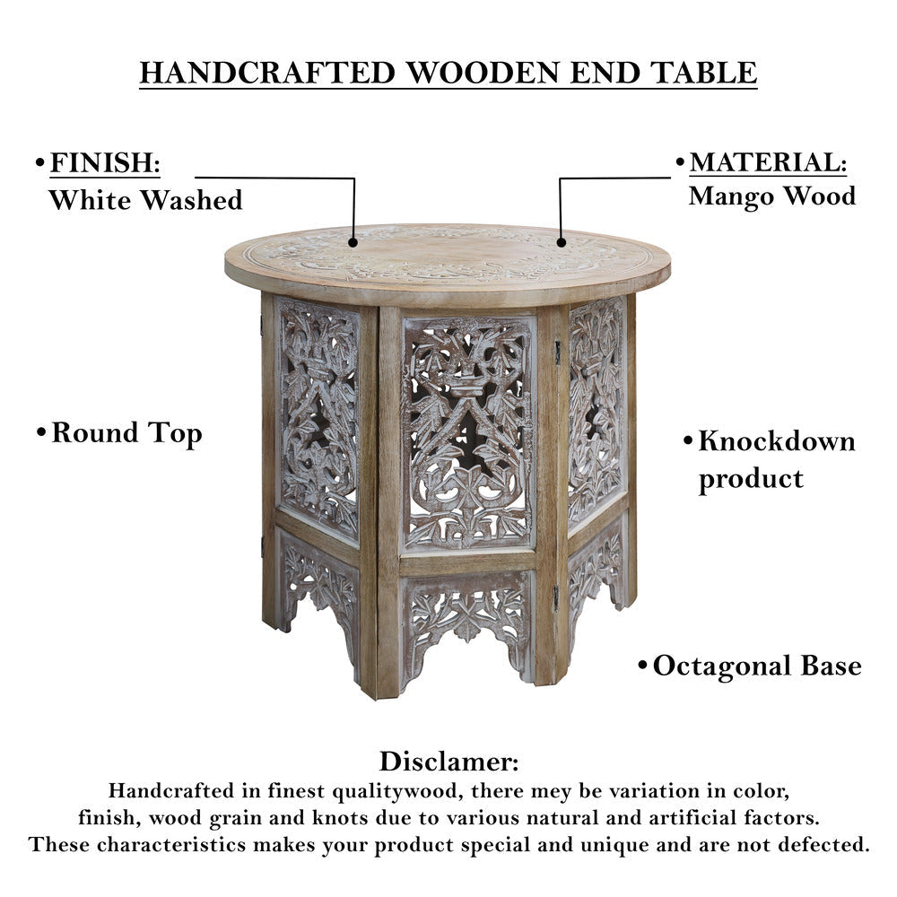 Accent Side Table 24 Inch Round Top Mango Wood Floral Cut Out Carved Motifs Washed White UPT-315246