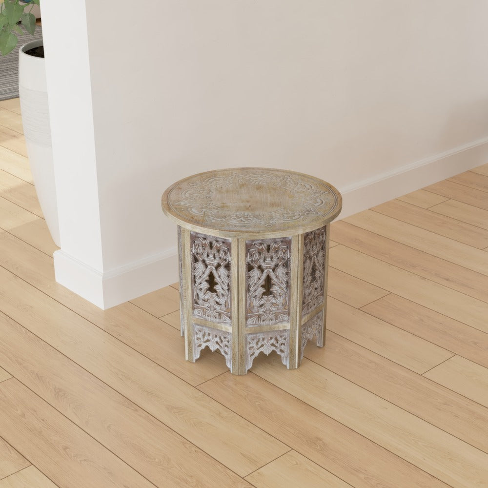 Accent Side Table 24 Inch Round Top Mango Wood Floral Cut Out Carved Motifs Washed White UPT-315246