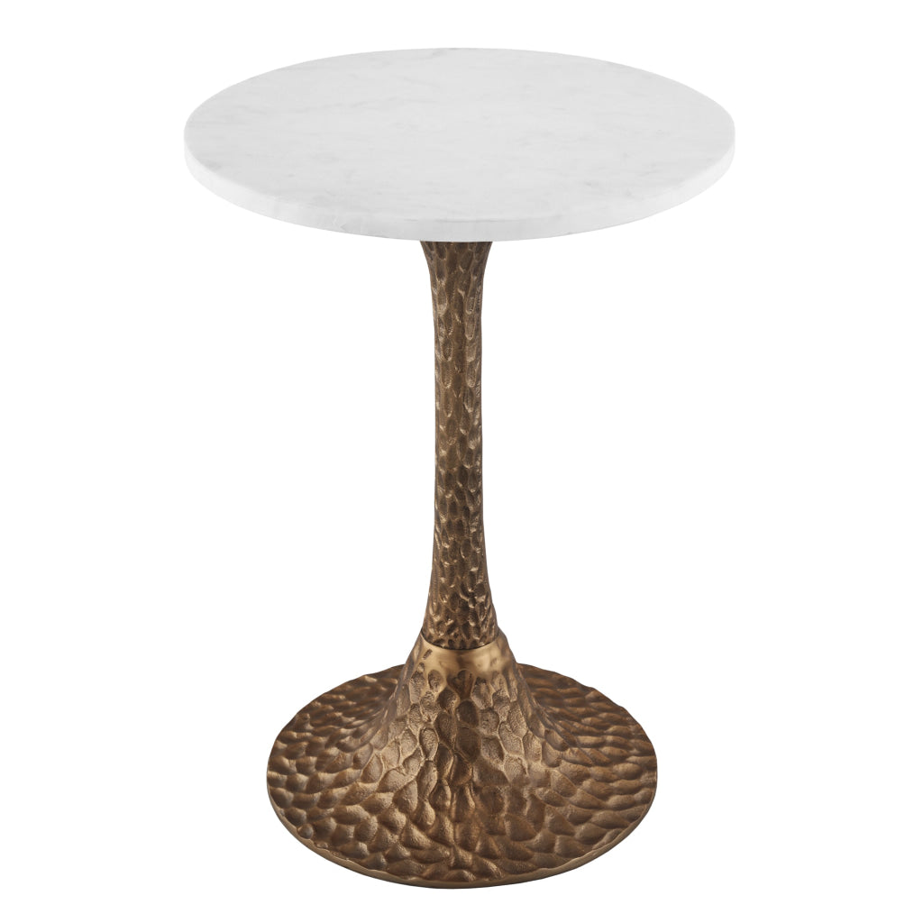 Tyler Accent Side Table 14.5 Inch Round White Marble Top Antique Brass Hammered Pedestal Base - The Urban Port UPT-315640