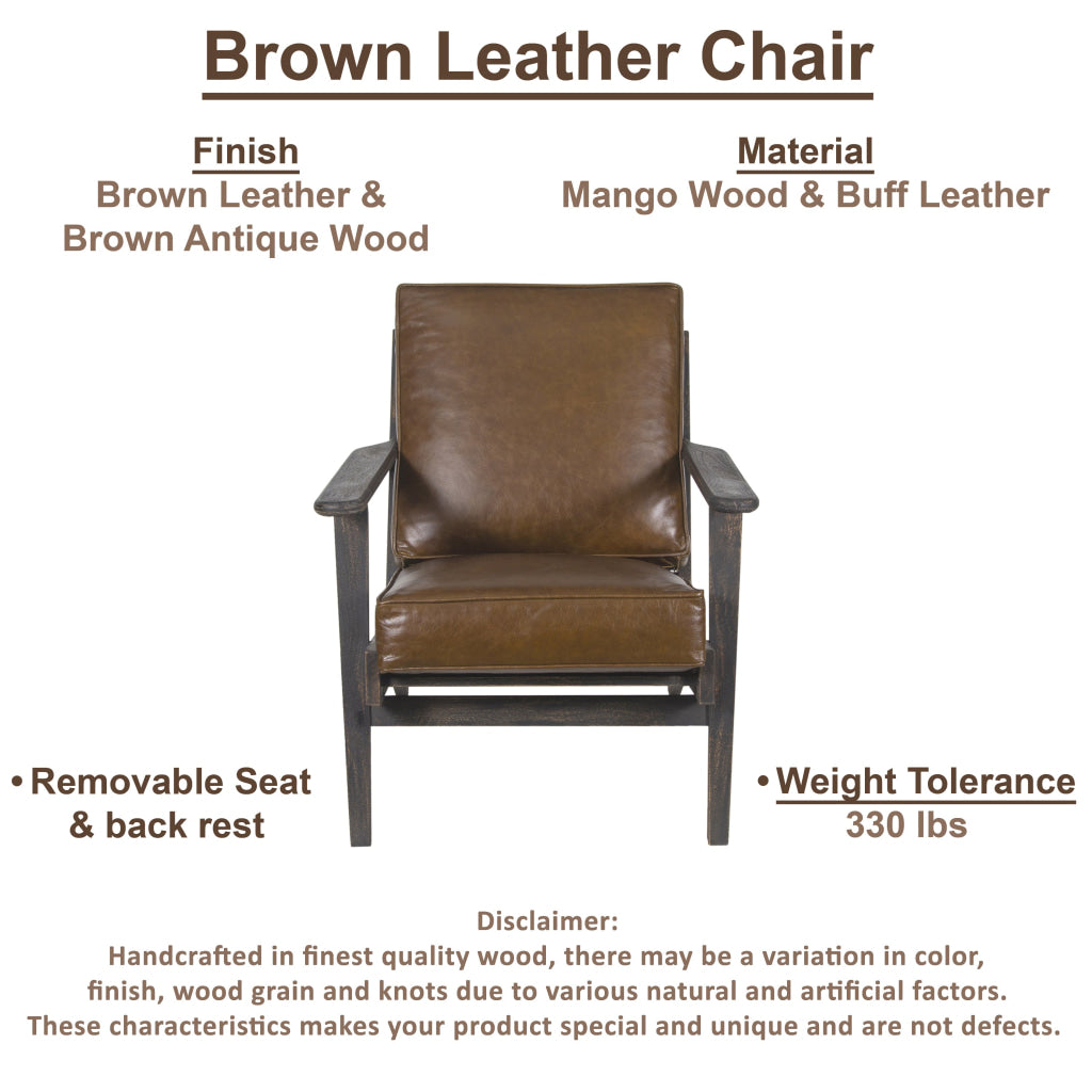 Amber Accent Chair Handcrafted Slatted Mango Wood Brown Buffalo Leather Cushions Angled Legs - The Urban Port UPT-315762