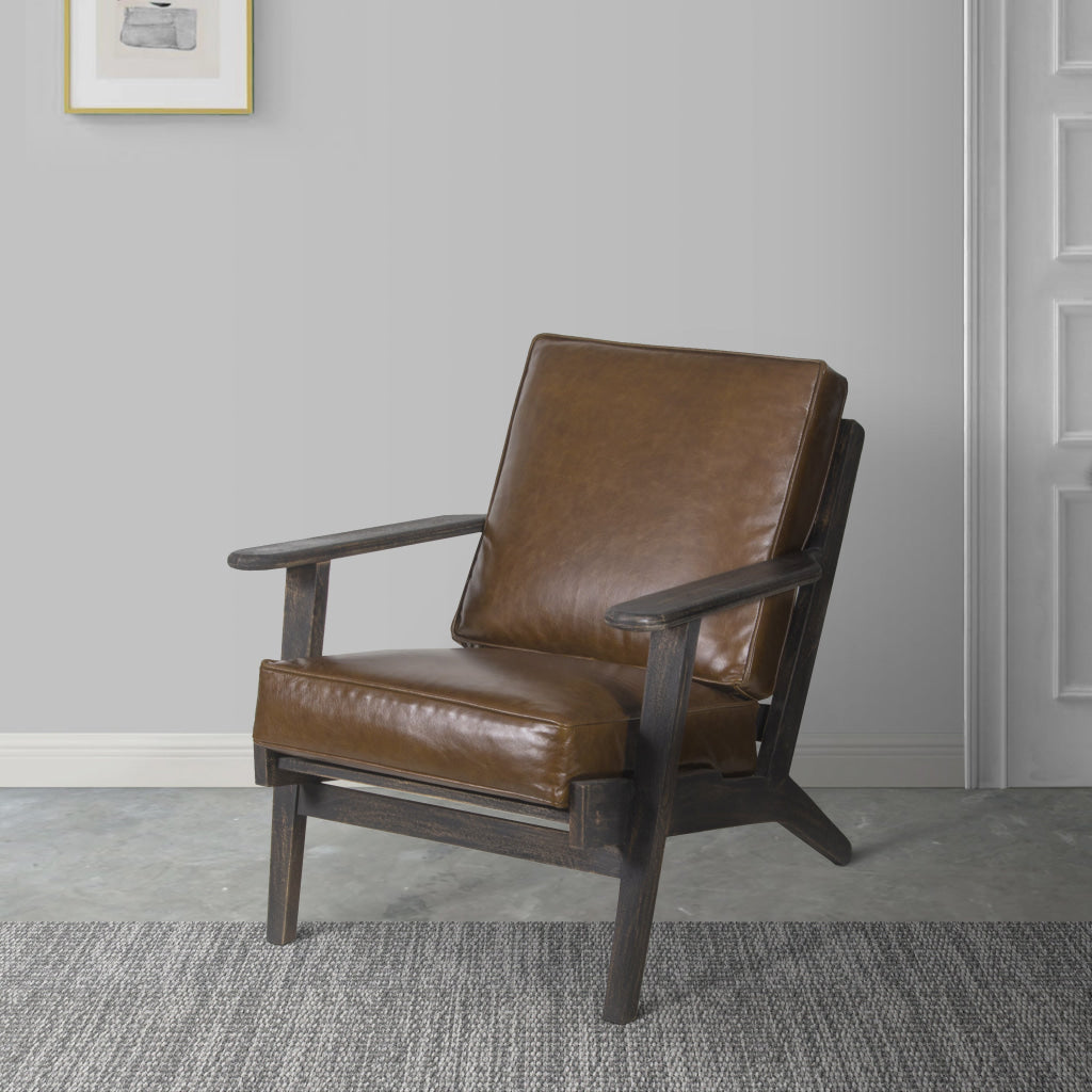 Amber Accent Chair Handcrafted Slatted Mango Wood Brown Buffalo Leather Cushions Angled Legs - The Urban Port UPT-315762