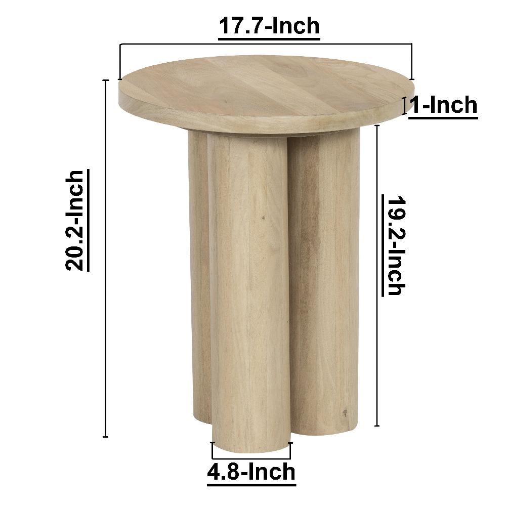 Hazel Side Table with 3 Pillar Legs Handcrafted Natural Brown Mango Wood 17.7 Inch Round Top UPT-315766