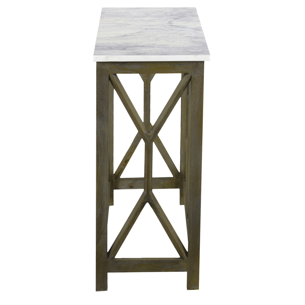 Agas Sofa Console Table 41 Inch White Genuine Marble Top Sandblasted Washed Ash Gray Mango Wood Geometric Frame UPT-315767