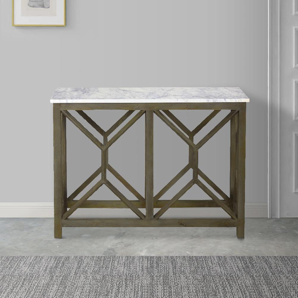 Agas Sofa Console Table 41 Inch White Genuine Marble Top Sandblasted Washed Ash Gray Mango Wood Geometric Frame UPT-315767