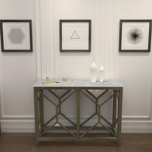 Agas Sofa Console Table, 41 Inch White Genuine Marble Top, Sandblasted Washed Ash Gray Mango Wood Geometric Frame