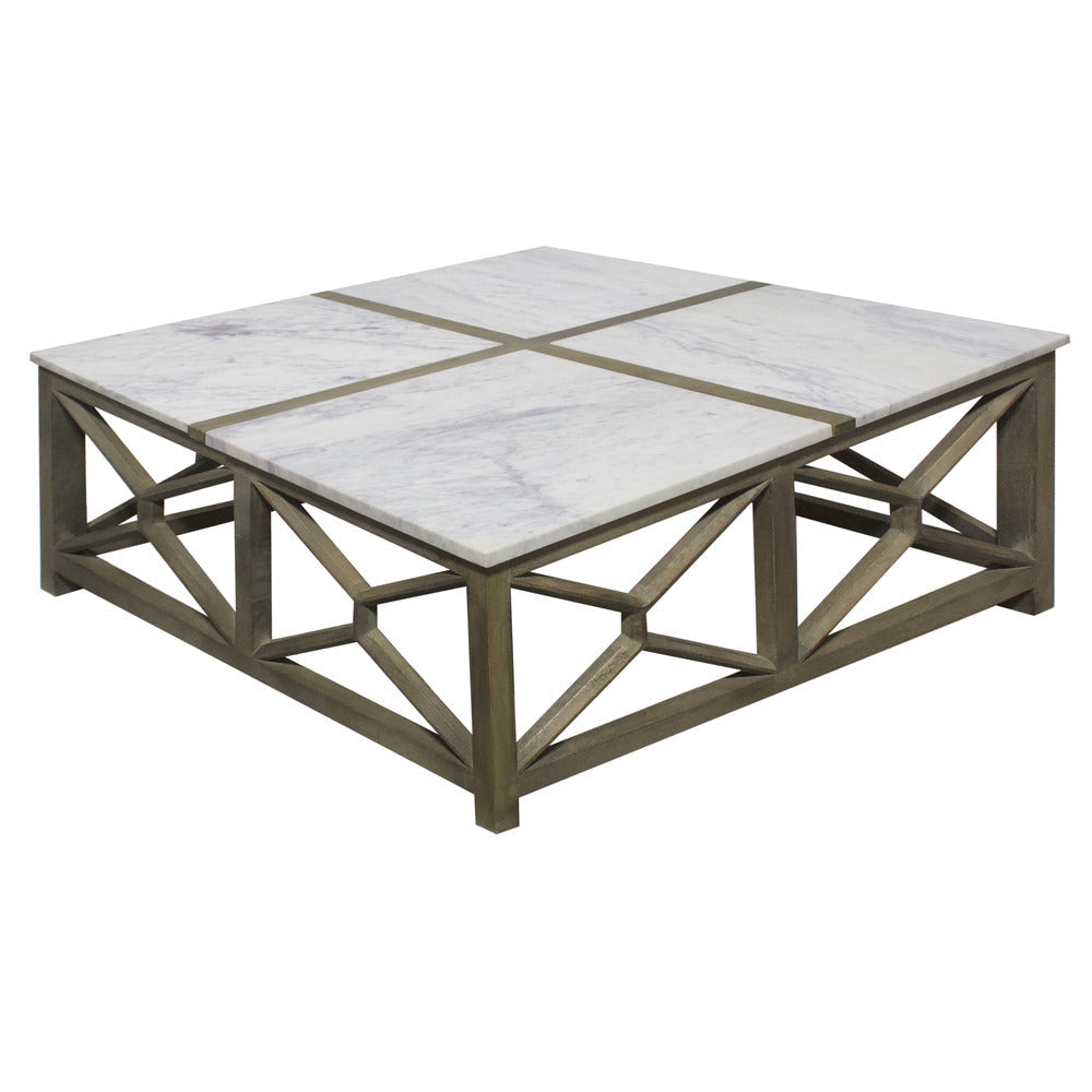 Agas Coffee Table 40 Inch Square White Genuine Marble Top Sandblasted Washed Ash Gray Mango Wood Geometric Frame UPT-315768