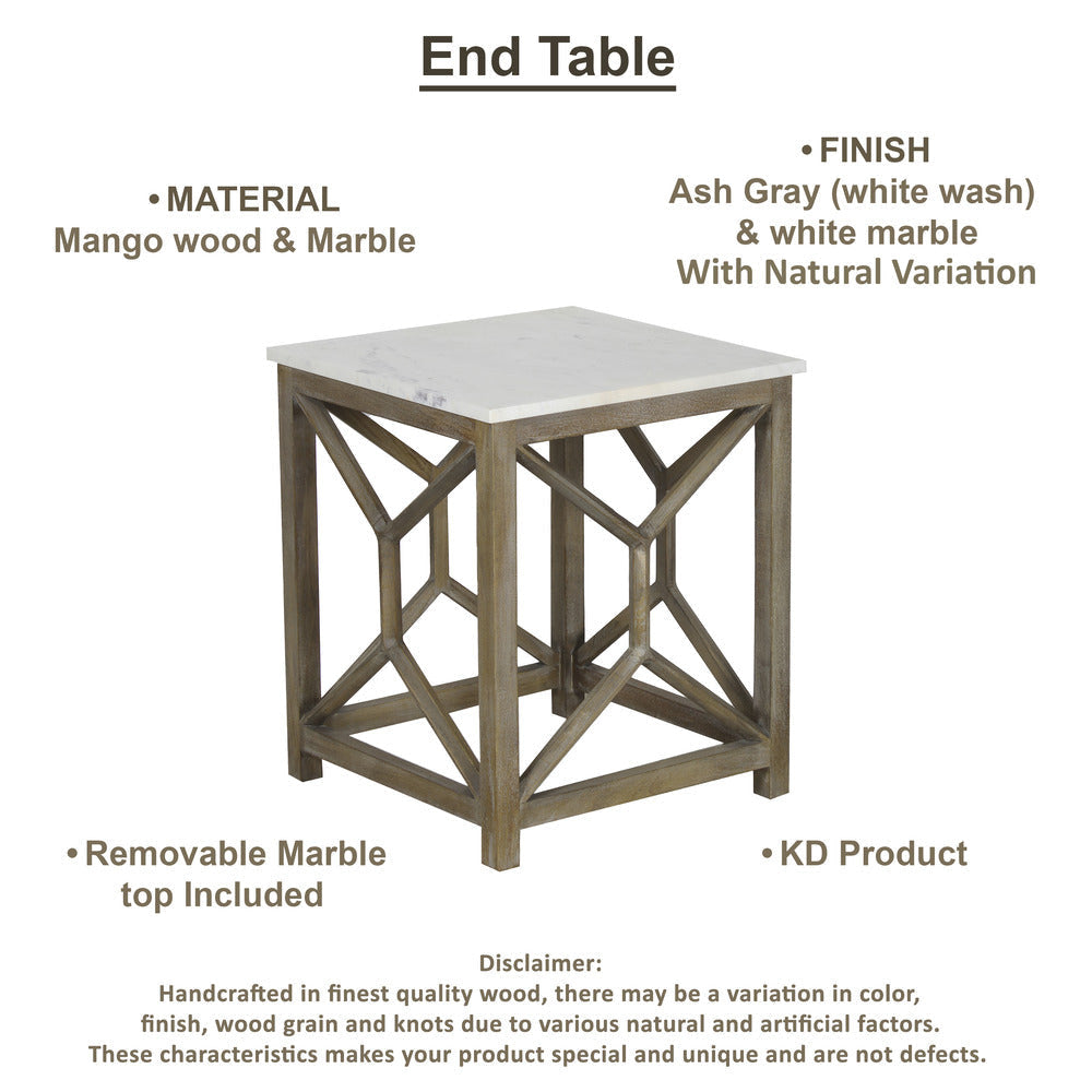 Agas Side End Table 22 Inch Square White Genuine Marble Top Sandblasted Washed Ash Gray Mango Wood Geometric Frame The Urban Port UPT-315769