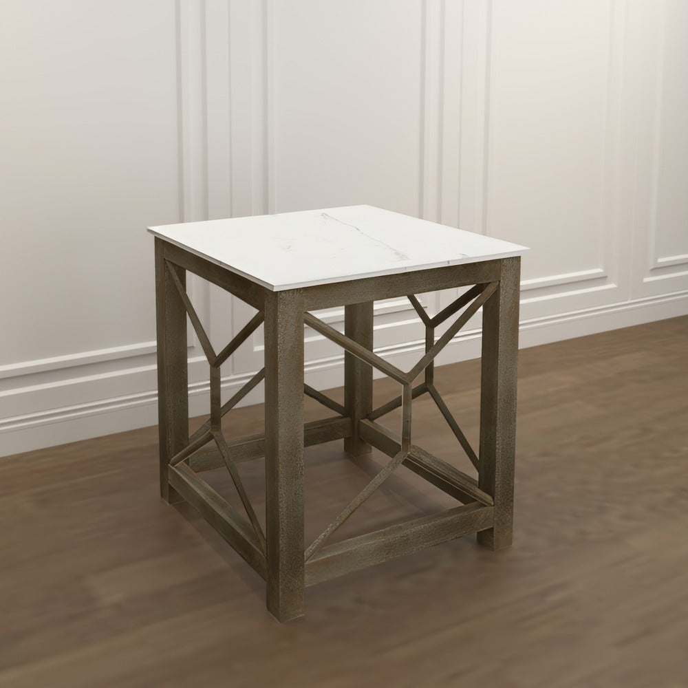 Agas Side End Table 22 Inch Square White Genuine Marble Top Sandblasted Washed Ash Gray Mango Wood Geometric Frame The Urban Port UPT-315769