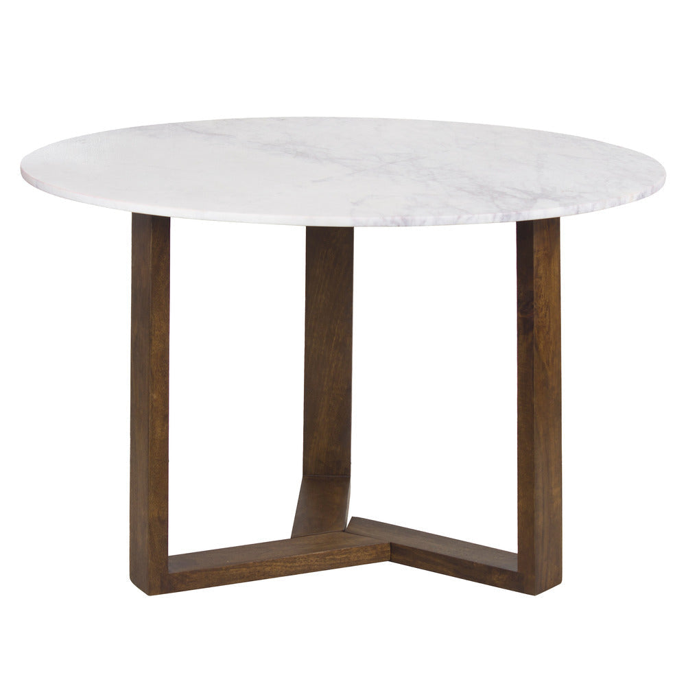 Fina Dining Table 48 Inch Round White Genuine Marble Top Natural Brown Mango Wood 3 Leg Sled Base The Urban Port UPT-315770