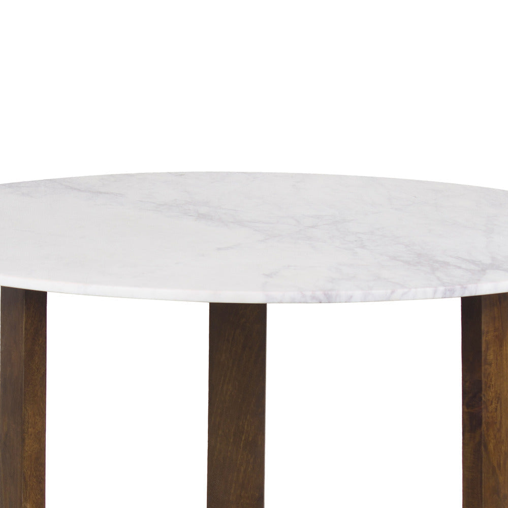 Fina Dining Table 48 Inch Round White Genuine Marble Top Natural Brown Mango Wood 3 Leg Sled Base The Urban Port UPT-315770