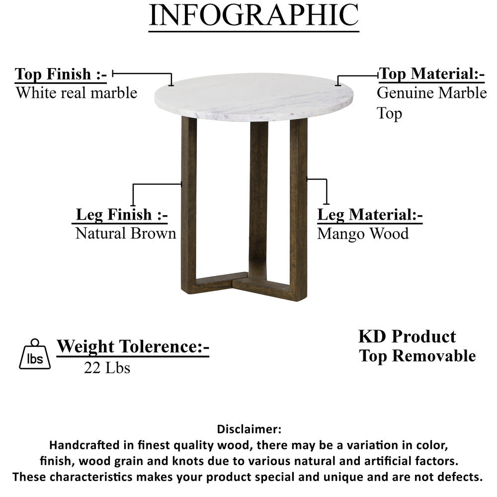 Fina Side End Table 20 Inch Round White Genuine Marble Top Natural Brown Mango Wood 3 Leg Sled Base UPT-315771