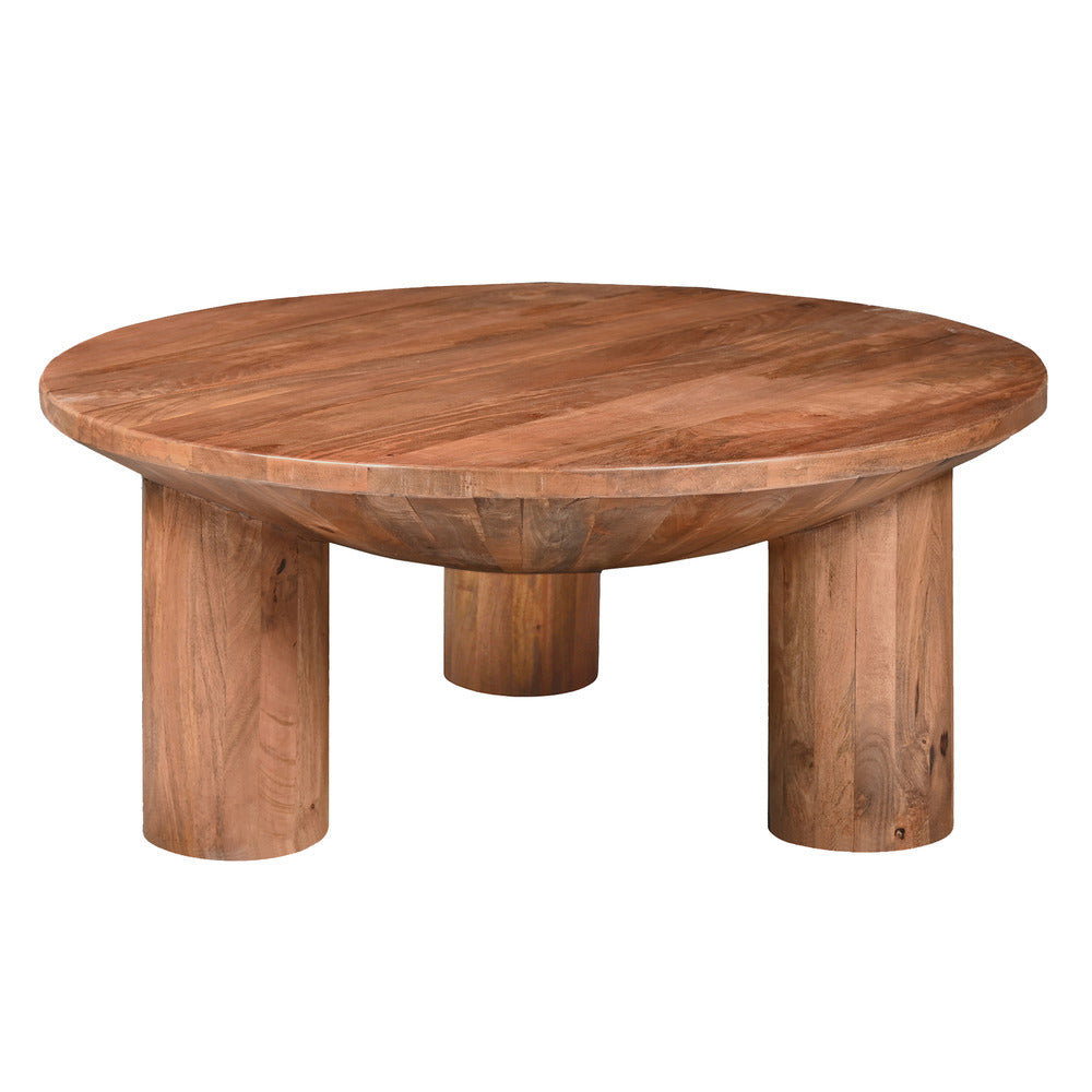 Coffee Table 38 Inch Round Top 3 Column Pillar Legs Natural Brown Mango Wood UPT-316308