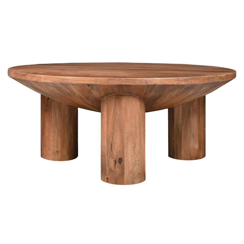 Coffee Table 38 Inch Round Top 3 Column Pillar Legs Natural Brown Mango Wood UPT-316308