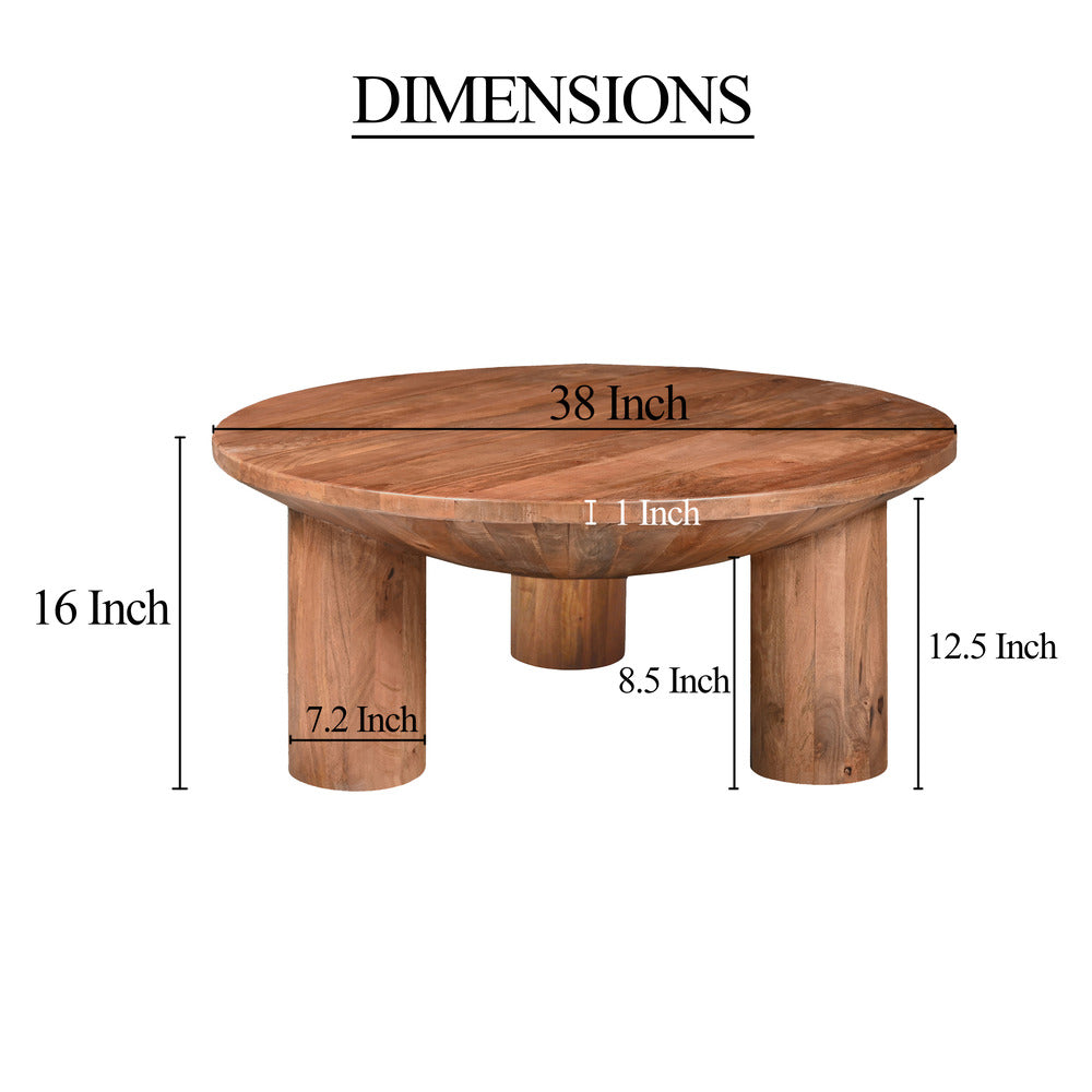 Coffee Table 38 Inch Round Top 3 Column Pillar Legs Natural Brown Mango Wood UPT-316308