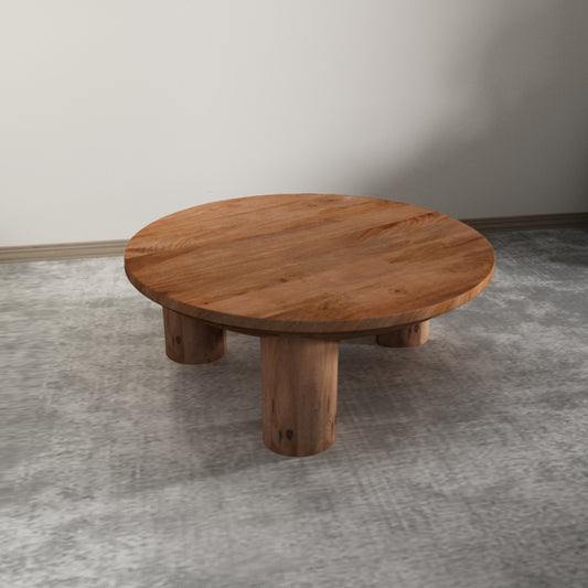 Coffee Table, 38 Inch Round Top, 3 Column Pillar Legs, Natural Brown Mango Wood