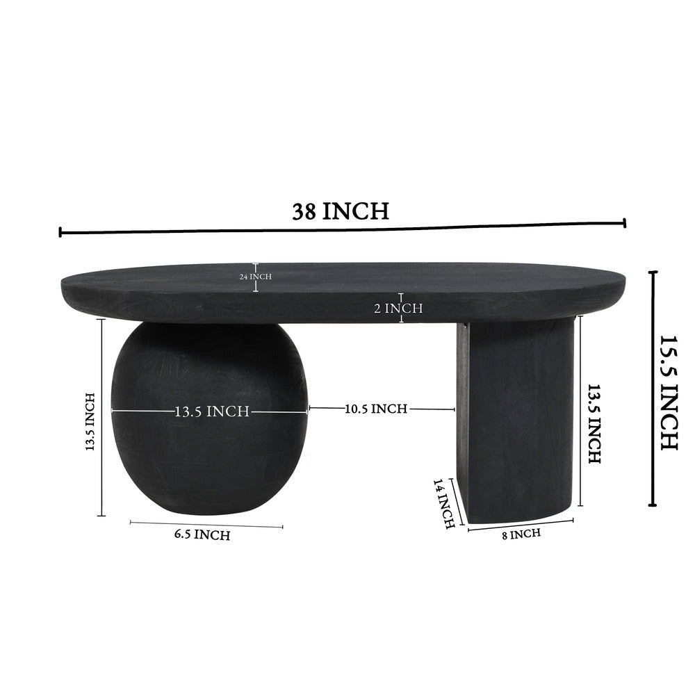 Uri 38 Inch Oval Coffee Table Mango Wood Full and Half Spherical Leg Sandblasted Black The Urban Port UPT-317171