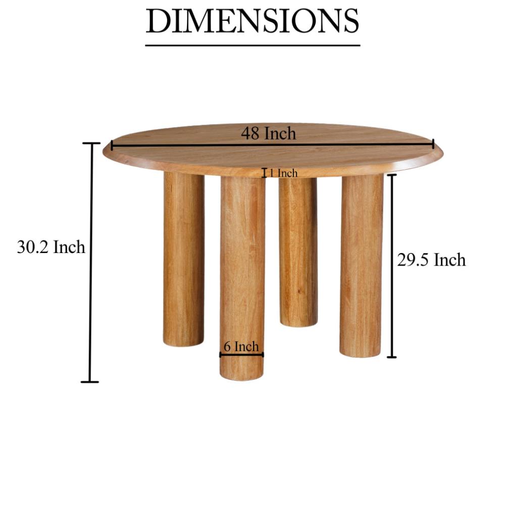 Dining Table 48 Inch Round Top Mango Wood Natural Brown 4 Column Pillar Legs UPT-317654