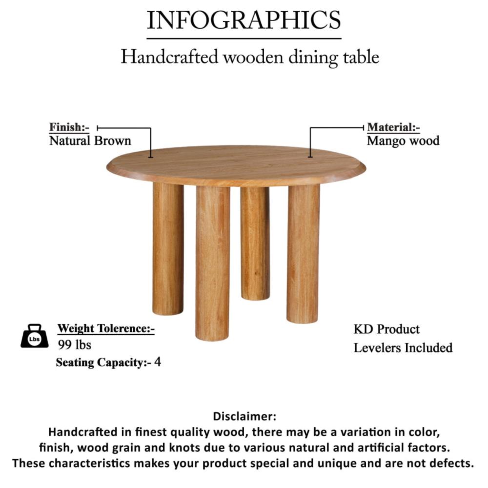 Dining Table 48 Inch Round Top Mango Wood Natural Brown 4 Column Pillar Legs UPT-317654