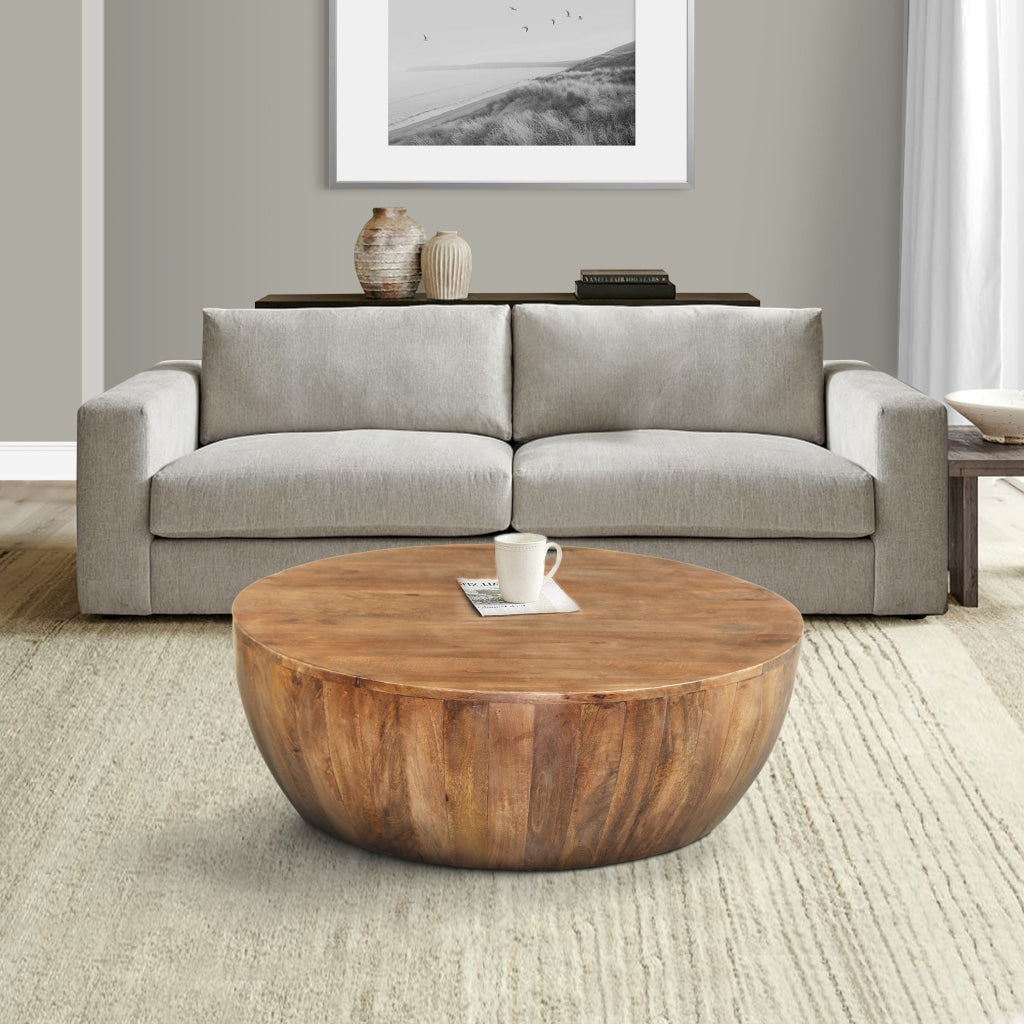 Arthur Drum Shape Wooden Coffee Table with Plank Design Base Distressed Brown The Urban Port UPT-32182