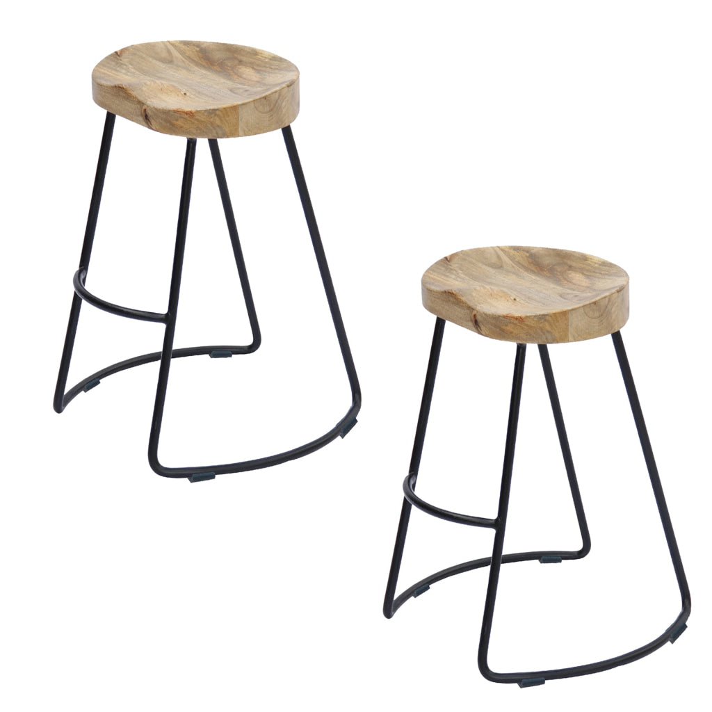 Ela 30 Inch Mango Wood Industrial Barstool Saddle Seat Iron Frame Set of 2 Brown Black By The Urban Port UPT-37900-2