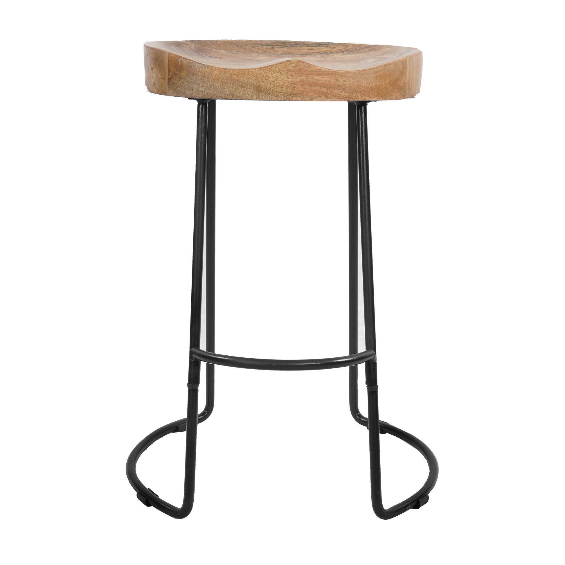 30 Inch Handcrafted Backless Counter Height Barstool Natural Brown Mango Wood Saddle Seat Black Iron Base By The Urban Port UPT-37900-F