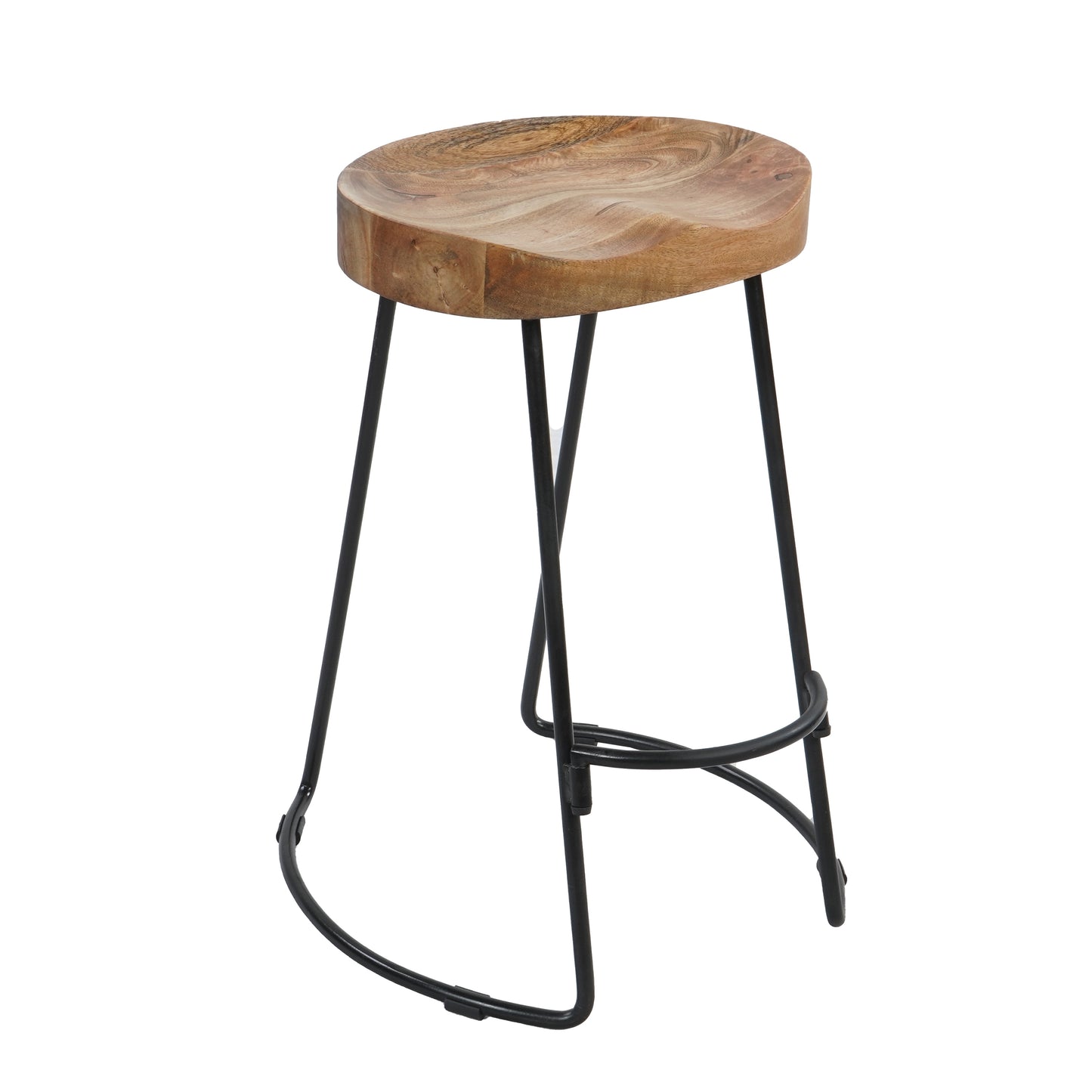 30 Inch Handcrafted Backless Counter Height Barstool Natural Brown Mango Wood Saddle Seat Black Iron Base By The Urban Port UPT-37900-F