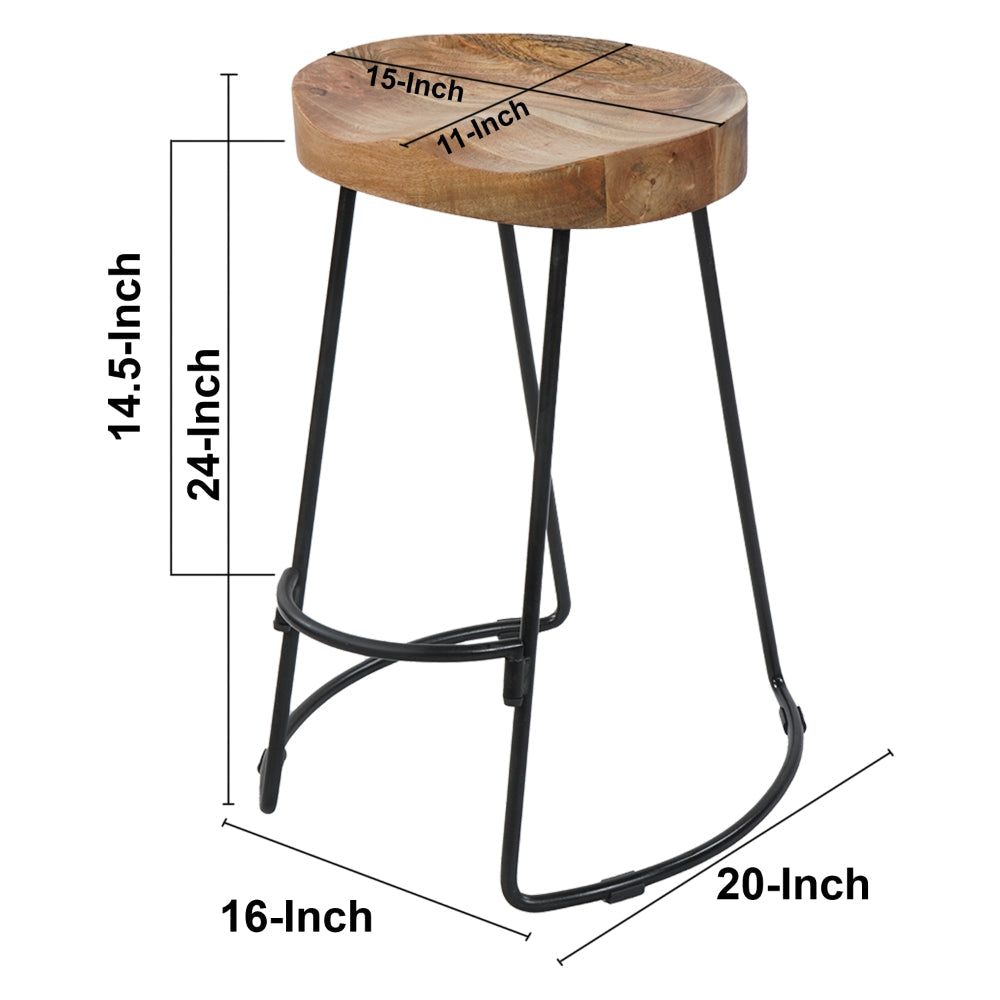 Ela 24 Inch Counter Height Stool Mango Wood Saddle Seat Iron Frame Brown and Black By The Urban Port UPT-37910