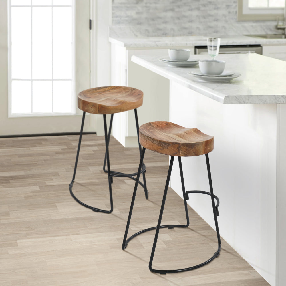 Ela 24 Inch Counter Height Stool Mango Wood Saddle Seat Iron Frame Brown and Black By The Urban Port UPT-37910