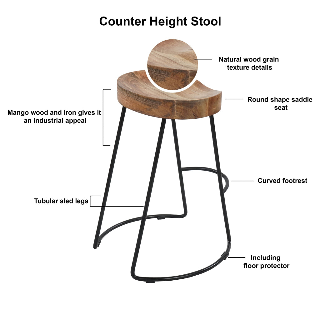 Ela 24 Inch Counter Height Stool Mango Wood Saddle Seat Iron Frame Brown and Black By The Urban Port UPT-37910