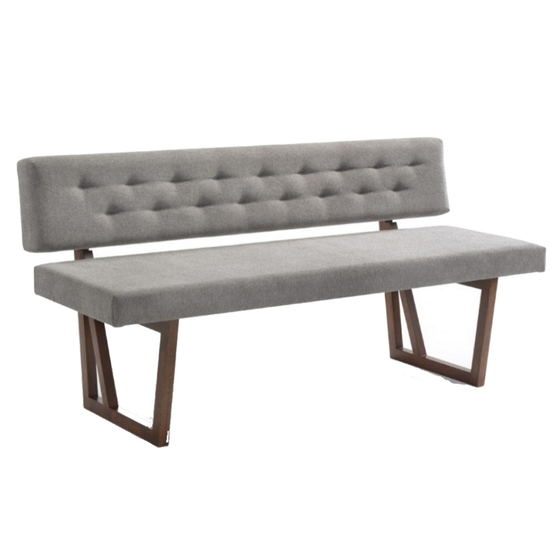 Fabric Upholstered Dining Bench with Rubber Wood Feet, Gray and Walnut Brown