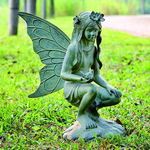 Aluminum Garden Fairy Sculpture Cradling a Bird