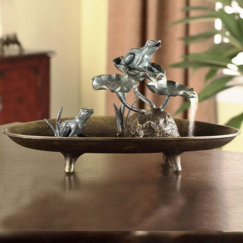 Aluminum Table Fountain Featuring a Mini Pond with Frog Couple