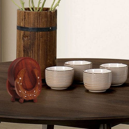 Benzara Retro Wooden Drink Coasters with Horseshoe Shaped Holder