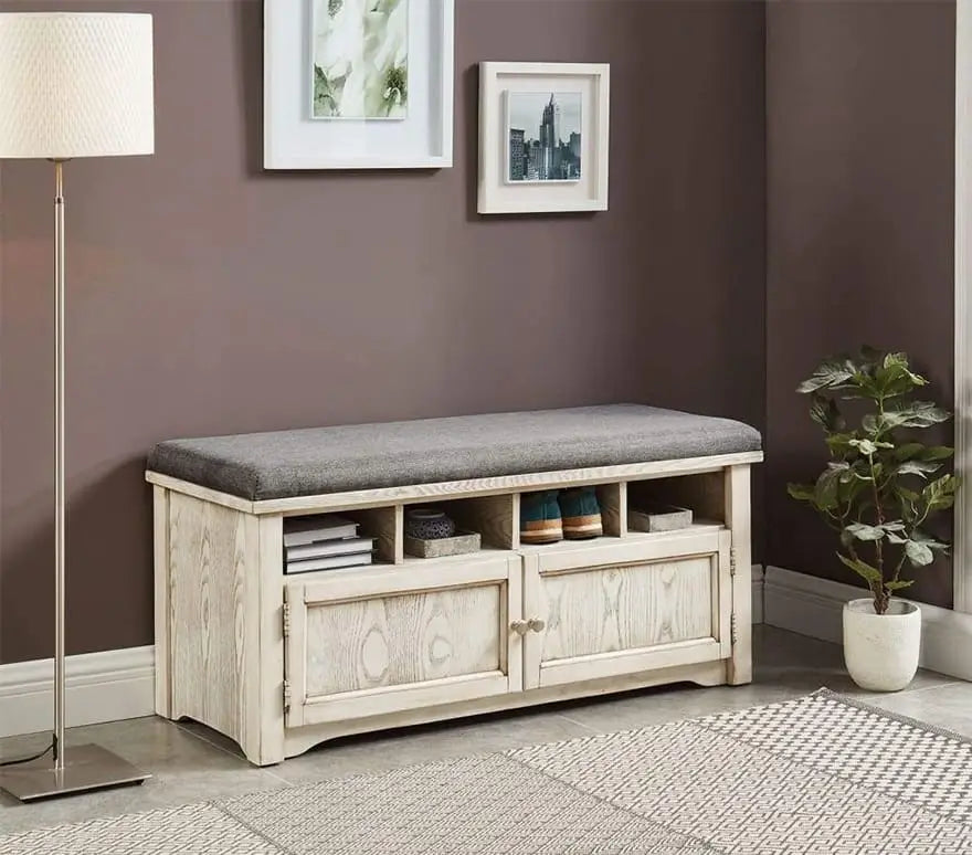 Spacious Wooden Shoe Bench with Linen Upholstered Cushioned Seat