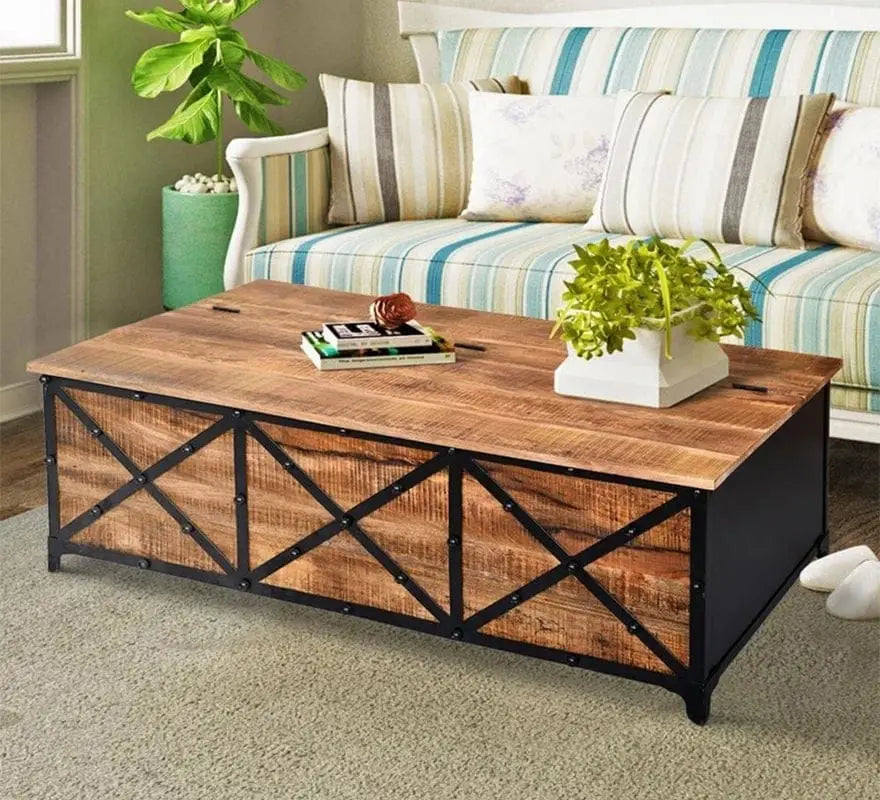 54 Inch Metal Cross Front Mango Wood Trunk Storage Coffee Table