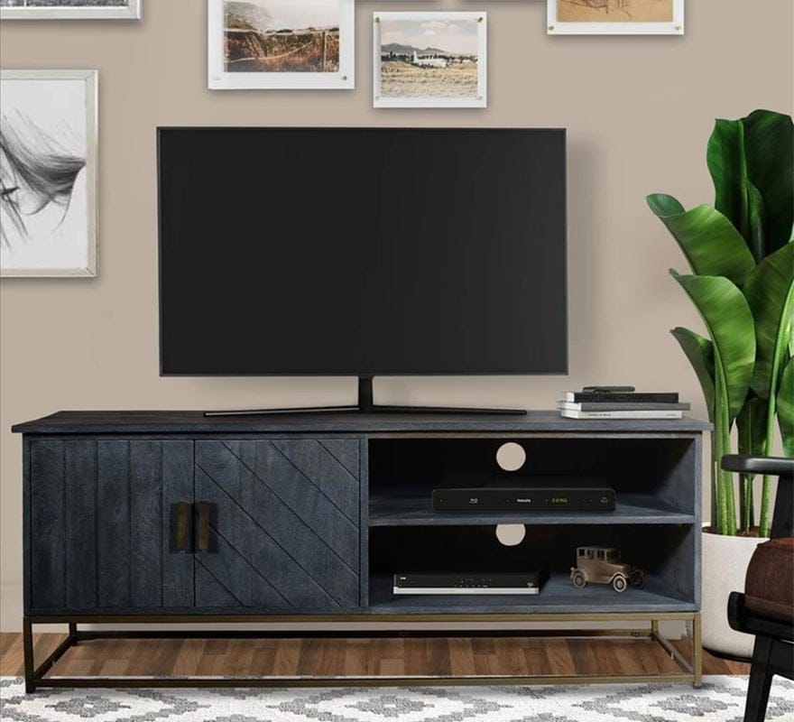 53 Inches Plank Design 2 Door Mango Wood Tv Media Cabinet With Metal Base